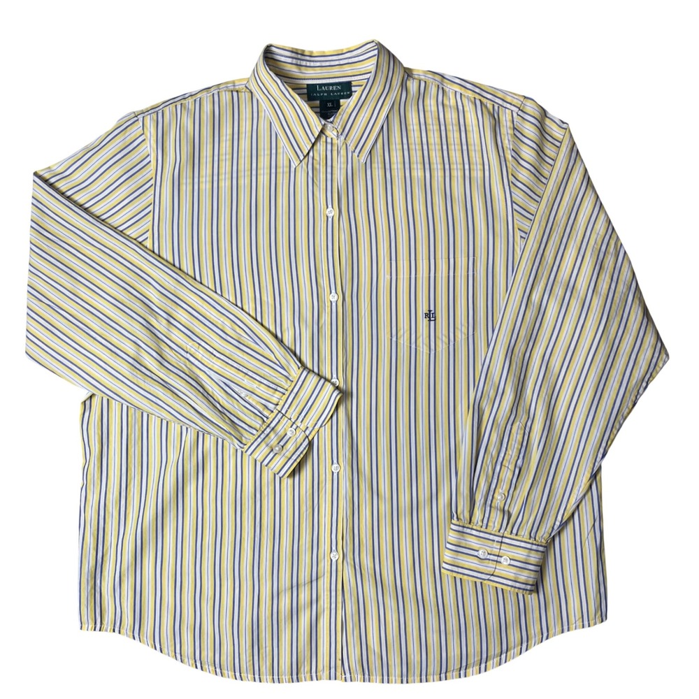 Lauren Ralph Lauren Button Down Shirt Women XL Yellow Striped Cotton Long Sleeve